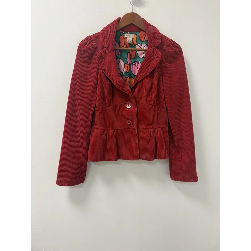Size 6 Anthropologie Elevenses Jacket Blazer Red Corduroy Peplum